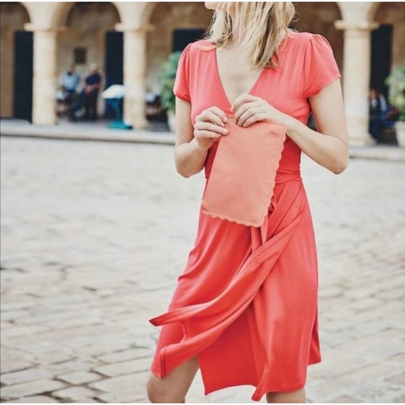 Boden Dresses & Skirts - Boden Wrap Dress Summer Jersey Cap Sleeve Coral Red Pink Women’s Size US 2R